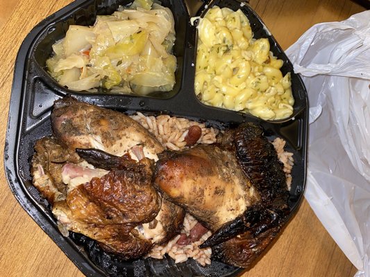 Jerk Chicken White with Macaroni & Cheese and Cabbage