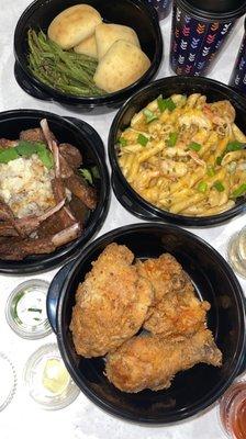 Drop off Bride & Groom Tasting 
Fried Chicken, Lamb Chops, Shrimp Alfredo, Green Beans & Rolls