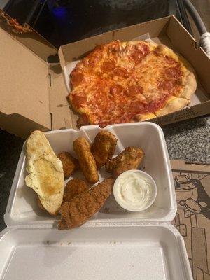 "Donegal sampler" and my pepperoni pizza that looks like it fell out of someone's car