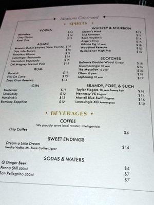 Beverage menu