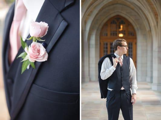 Pink boutonniere and groomsman