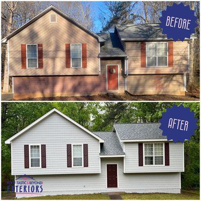 This was a full home exterior renovation with full roof, siding, and gutter replacements and an exterior paint job to finish!