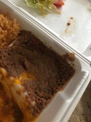 Beans microwaved in styrofoam-it even melted a hole. Gross.