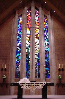 Front stained glass and Altar.