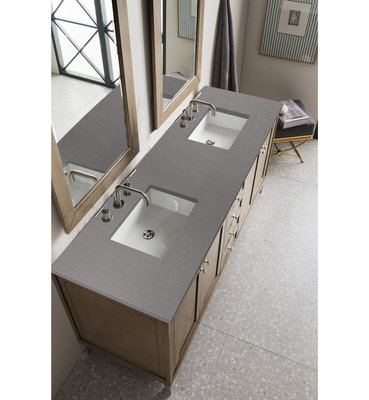 Fossil Gray, double sink vanity top with porcelain square sinks.