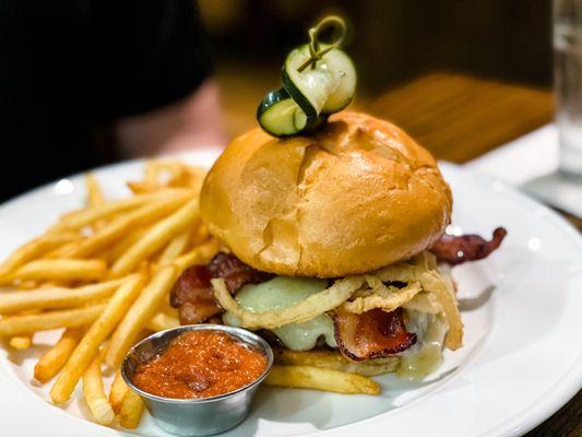 Cowboy burger, bacon ketchup and fries.