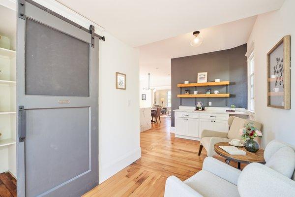 Charming coffee nook and barn door pantry.