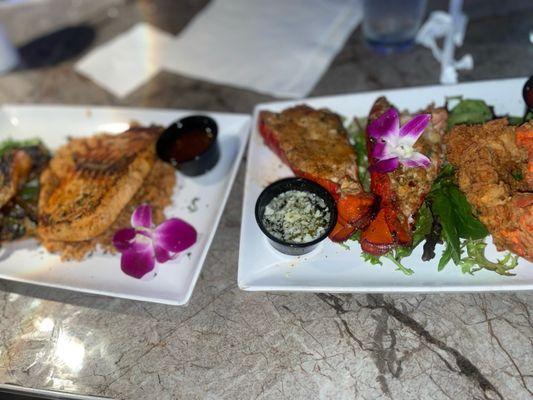 King Salmon & Shrimp plate (left)  Lobster Menage (fried. right)