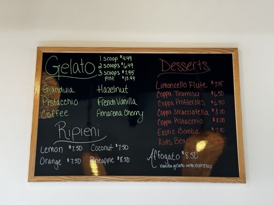 Gelato/dessert menu