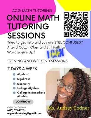 Are you a busy student or adult who needs an Algebra tutor with flexible hours? Contact Ms. Audrey today. I can help!