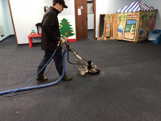 Our commercial carpet cleaning is done with our state of the art scrubber, Rotovac 360i.