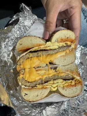 Sausage egg and cheese on an everything bagel spk