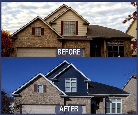 Before and After exterior home renovation by Opal featuring James Hardie Deep Ocean siding.