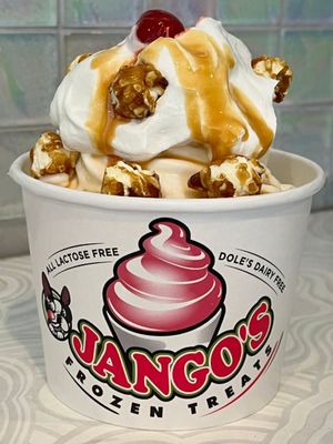 Our NEW Cracker Jacks Sundae .. Cracker Jacks smothered in Vanilla soft serve, Caramel, Whipped topping, and a Cherry on top..Sooo Good !!!