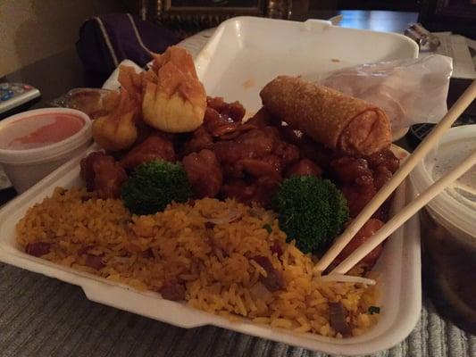 Orange Chicken (spicy) w/ fried rice and egg roll (crab rangoon's sold separately)