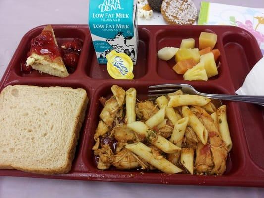 Good Fri. lunch 3/29/13. Pasta w/chicken, cooked carrots, bread,canned fruit, homemade strawberry shortcake, milk, coffee, $3.