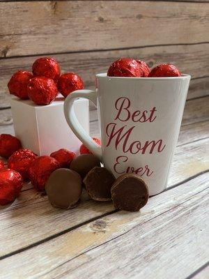 Custom coffee mug with milk chocolate truffles