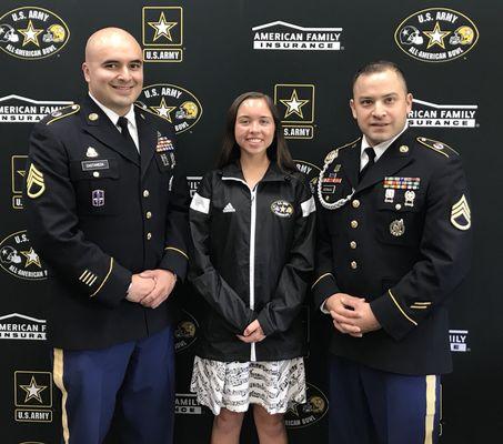 SSG Rodriguez and Castaneda standing with the US ARMY All American Bowl recipient from Royal High School in Simi Valley. Congratulations!