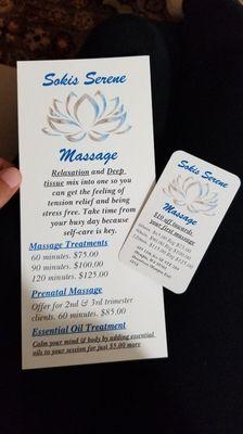 My offers for massage treatments, prenatal and aromatherapy.