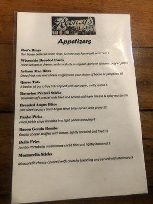 Appetizer menu