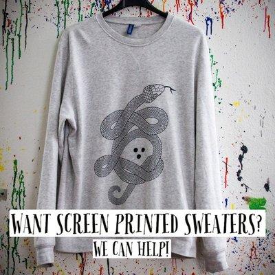 Have a design? Let us screen print it on a sweater for you! Don't want a sweater? We can do tees, hoodies, you name it!