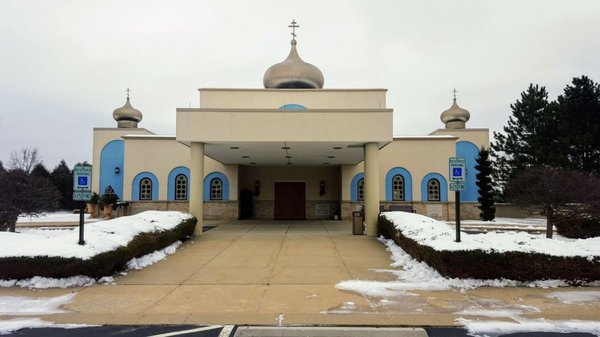 Exterior shot of the main entrance to the Church.