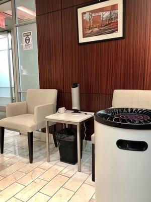 Empty Covid-safe Waiting area @ my new dentist's Dr David Binder's ofc.  Ck out 2 HEPA air filters..esp. BIG FILTER on R-hand lower corner