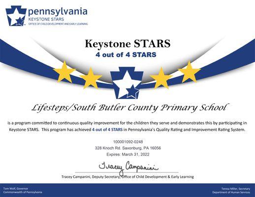 Lifesteps Pre-K Counts in South Butler receives the Highest 4 Star Rating from Keystone Stars.