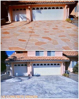 1/4" concrete overlay trowel finish with flagstone pattern and multiple (custom) stain colors.