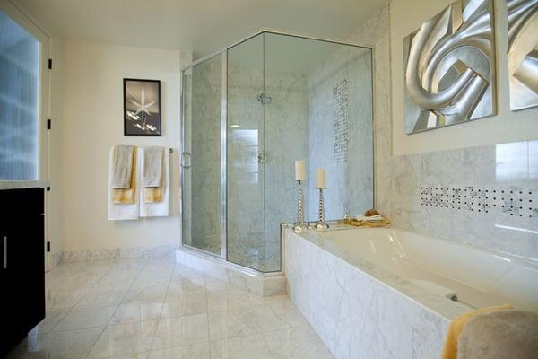 Custom travertine, marble or porcelain tile flooring and backsplashes