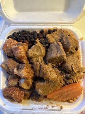 Yellow rice and black beans with red beans Chicharron De Guayaba and beef