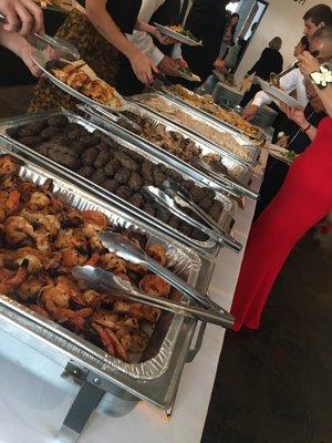 Shirmp kabob, Kafta kabob, and Chicken kabob lined up for the wedding guests