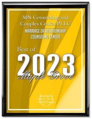 We are honored to have received the 'Best of Maple Grove 2023' in the category of Marriage and Relationship Counseling Centers!!