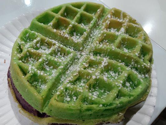 Pandan Waffle (plus beautiful purple Ube Waffle underneath)