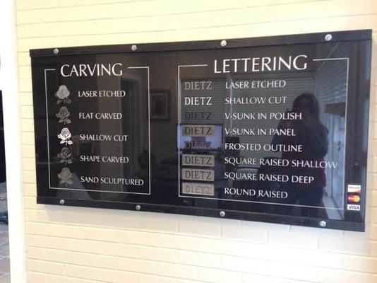 Carving and lettering options- we engrave all granite monuments in house at our south Austin warehouse.