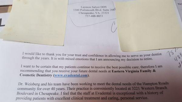 Dr. Salyer is retiring. Records will be sent to Eastern Virginia Family and Cosmetic Dentistry, 3321 Western Branch Blvd, Chesapeake, VA.