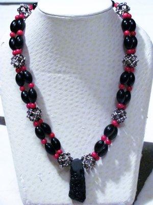 Tektite, Red and Black Coral, and Sterling Silver Necklace