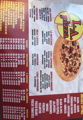 L.A. Pizza menu