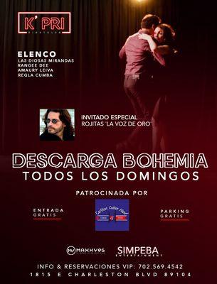 Open every Sunday, Domingos latinos, música romántica, salsa, merengue, y mas. Sunday latin clubs. Descarga Bohemia night.