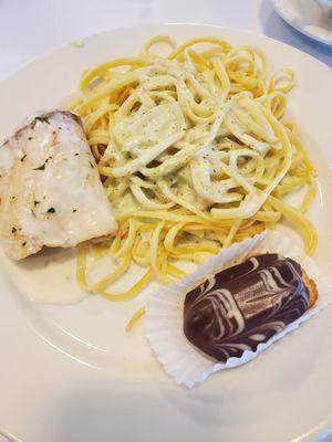 Second plate consists of fish, pasta with pesto, and chocolate eclair.