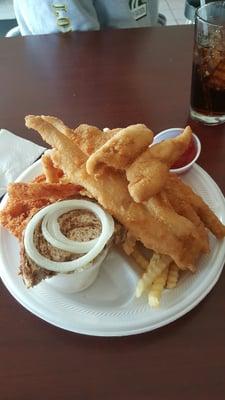 Friday fish special. Combo plate with one perch, two walleye, and 3 fried shrimp. Food was excellent.