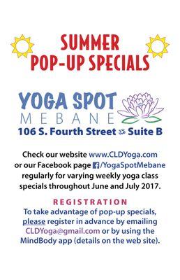 Summer Pop-Up Specials! Varying $5 classes in June & July. Check website for details.