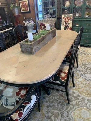 Dining table with six chairs.