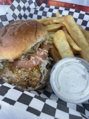 Smash burger with egg and fries