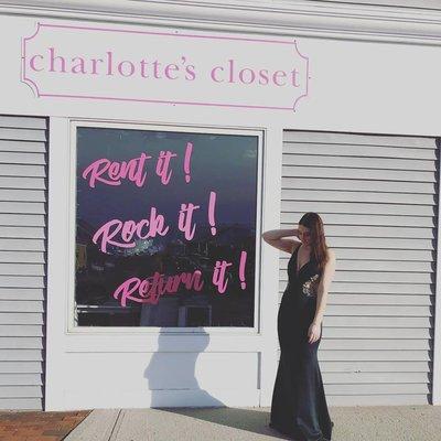 A cute picture of our Port Washington showroom location featuring one of our stunning prom dresses!