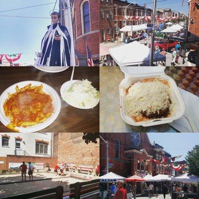 St. Gabriel Festival 2017. Penne with meatballs and salad with Sab's dressing in the church hall. Eggplant parmesan from a vendor