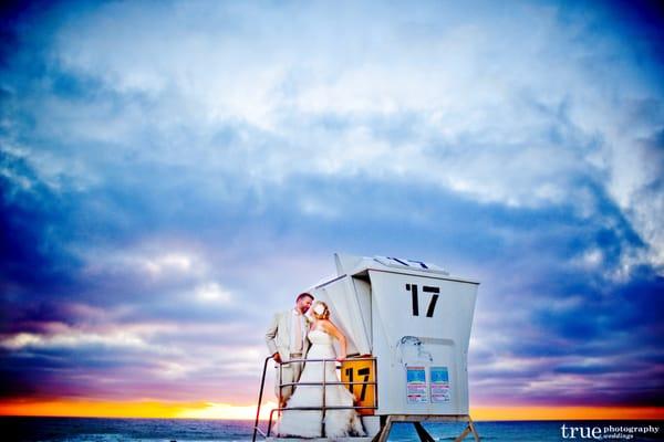 Bride and Groom  Life Guard Tower San Diego Beach Wedding Planner InStyle Event Planning