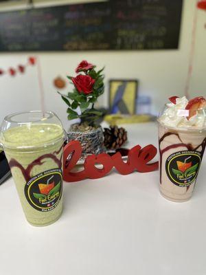 Left - tropical with strawberries and spinach, no whipped cream / Right - banana split