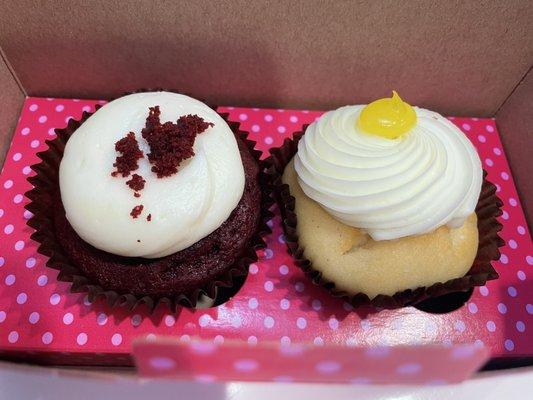 Red velvet and a Lemon cupcake