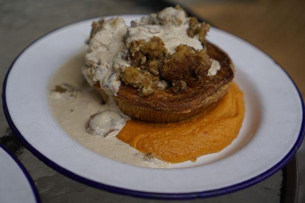 Lamb & Rosemary with Sausage Croissant Stuffing, Sweet Potato Garnett Yams, and Mushroom Gravy